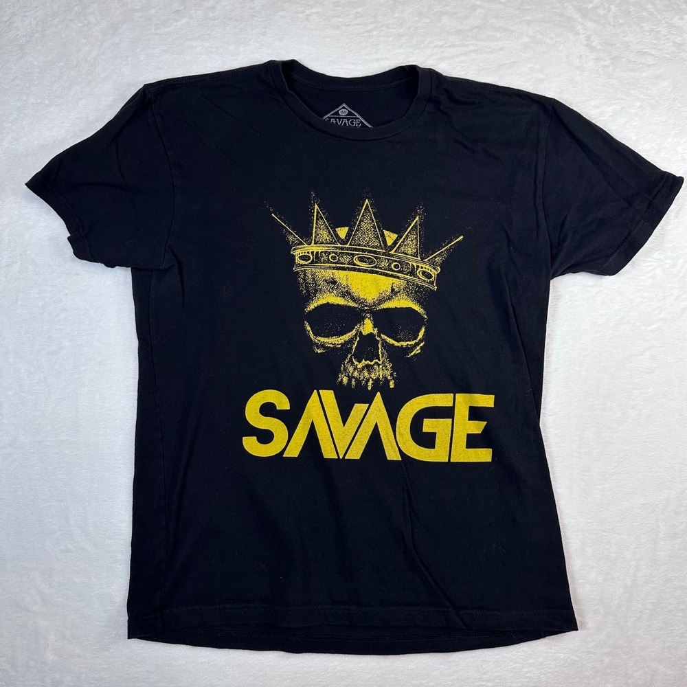 Savage Graphic Tee Mens Medium Black Yellow Crowned Skull Short Sleeve T-Shirt